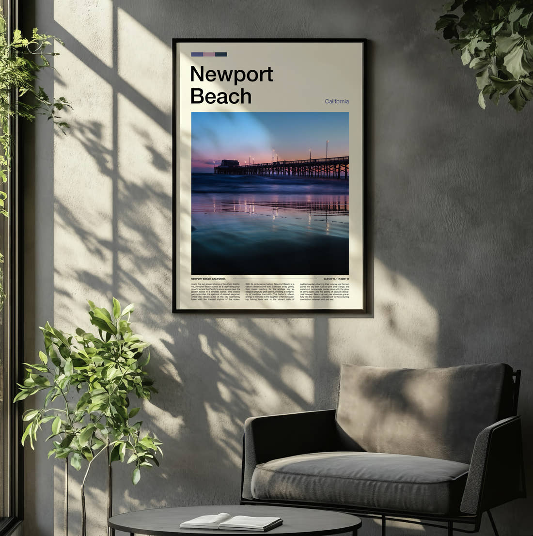 Newport Beach Pier Reflected At Dusk Travel Print framed on the wall of a relaxed living room