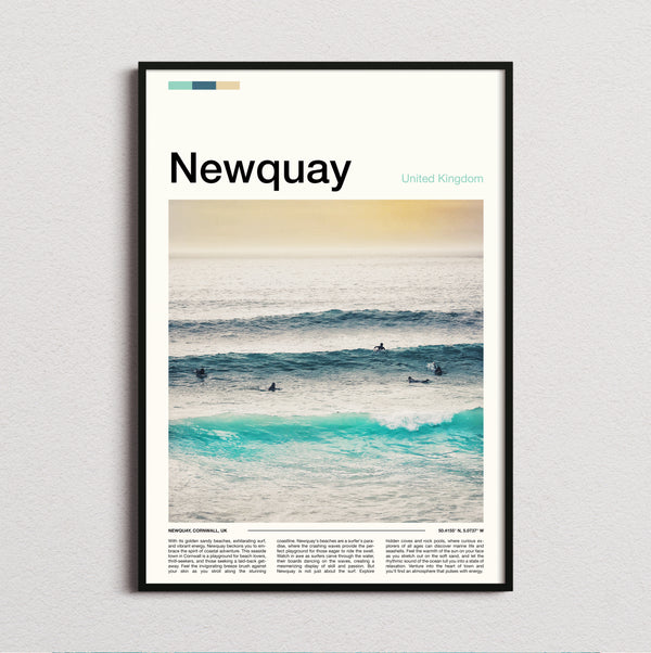 Newquay - Surfers In The Waves - Travel Print
