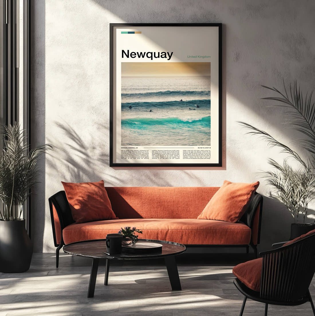 Newquay Surfers In The Waves Travel Print framed on the wall of a modern living room