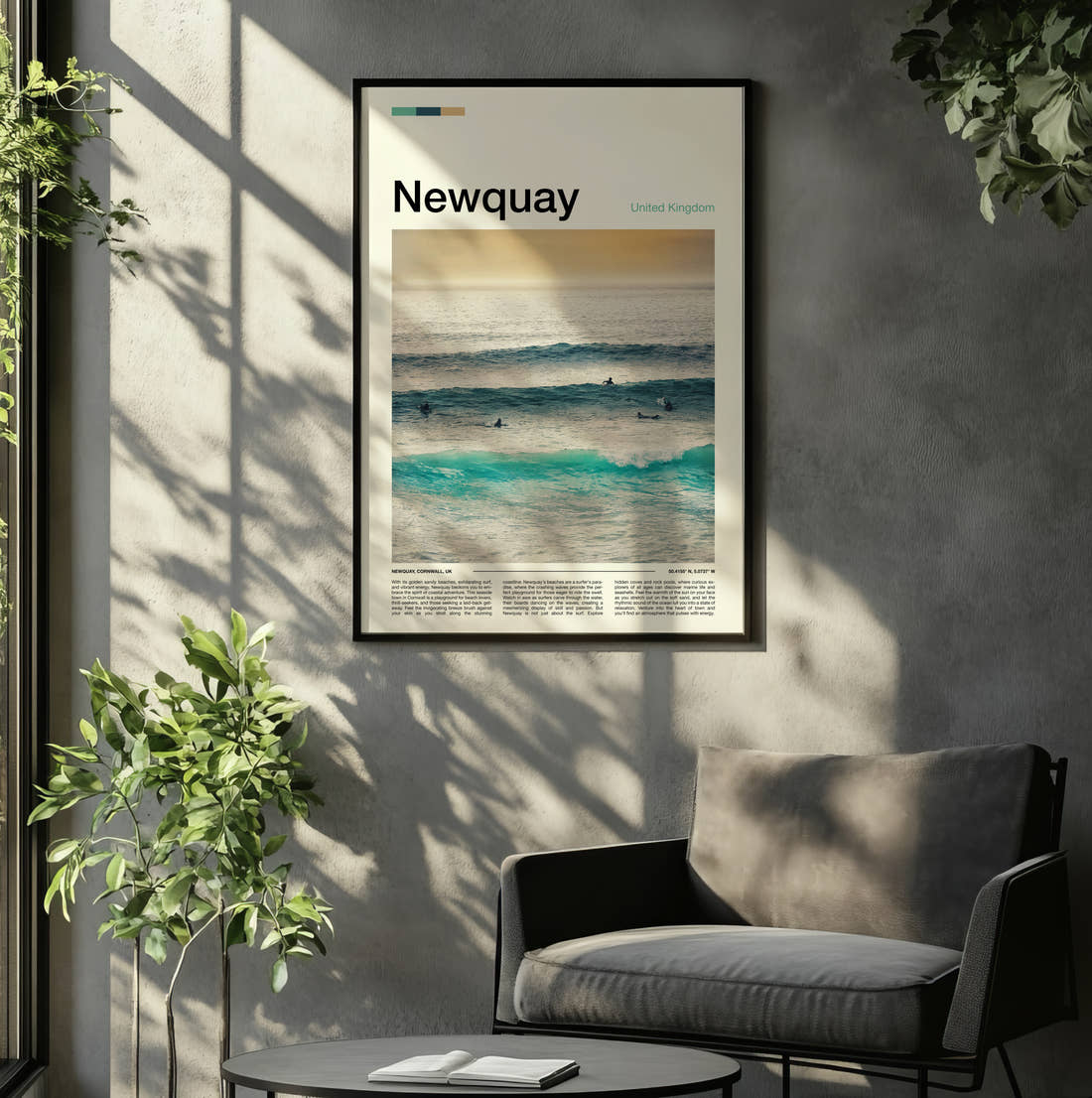 Newquay Surfers In The Waves Travel Print framed on the wall of a relaxed living room