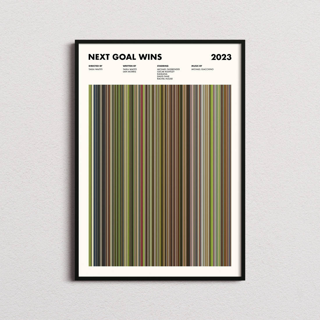 Next Goal Wins Movie Barcode Poster framed on a plain studio wall