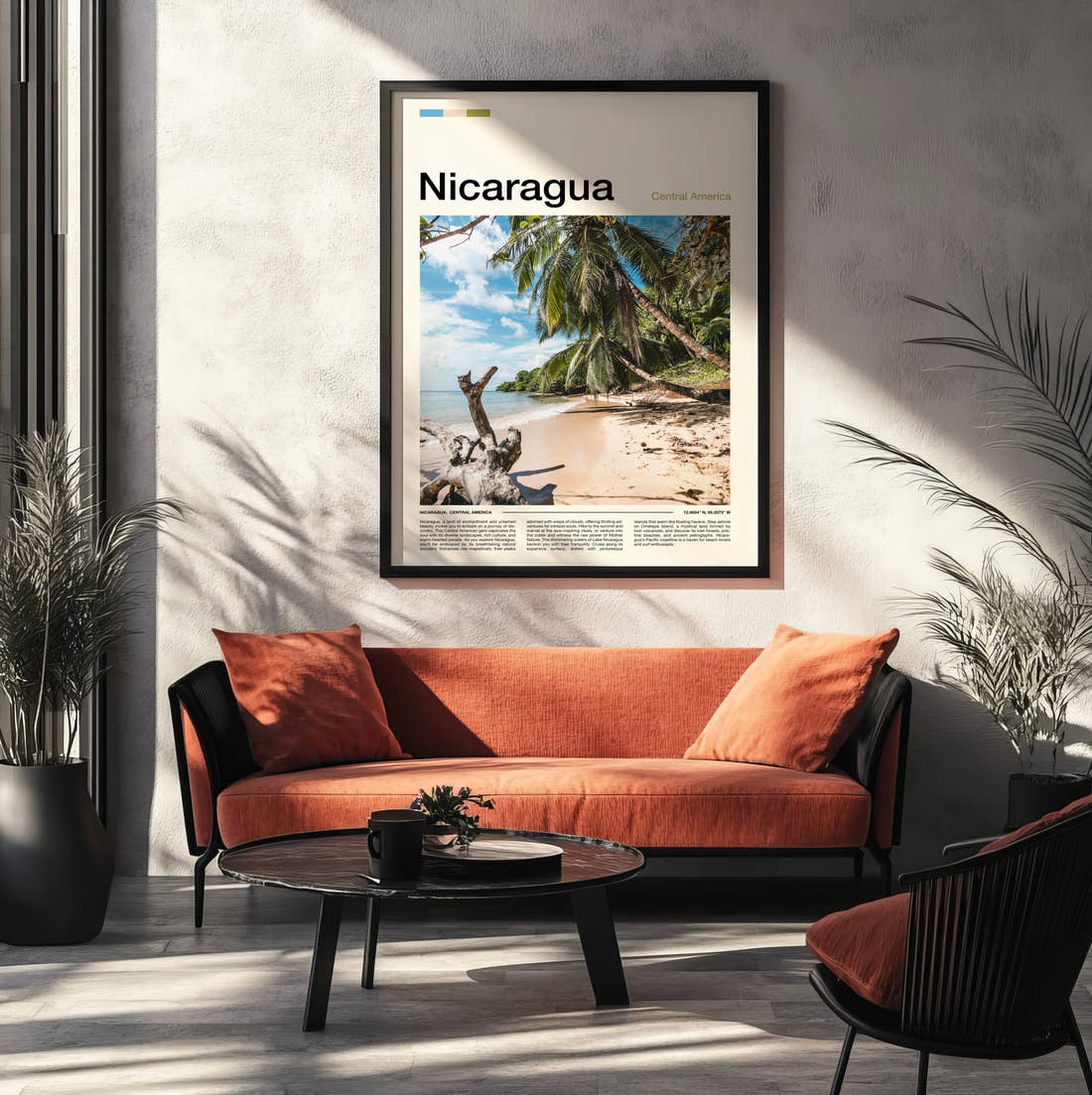 Nicaragua Palm Trees On The Beach Travel Print framed on the wall of a modern living room