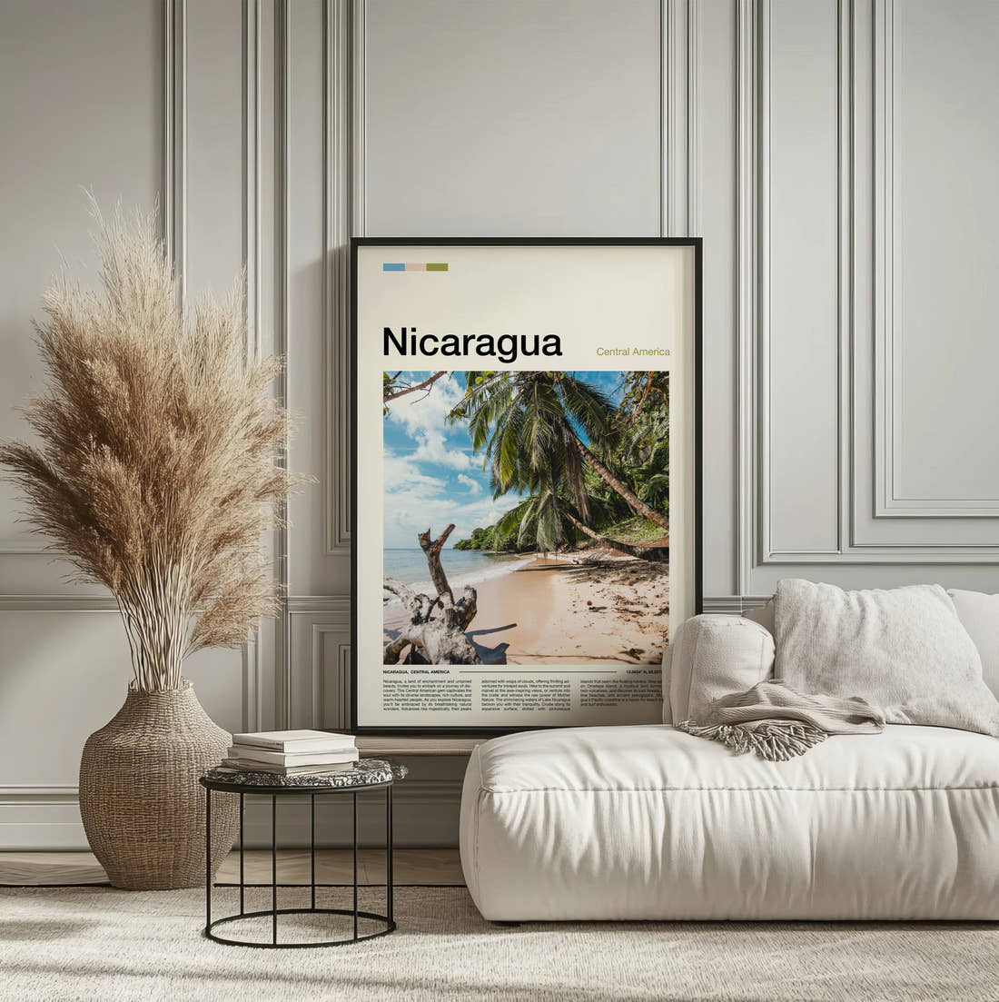 Nicaragua Palm Trees On The Beach Travel Print framed on the wall of a calm, neutral bedroom