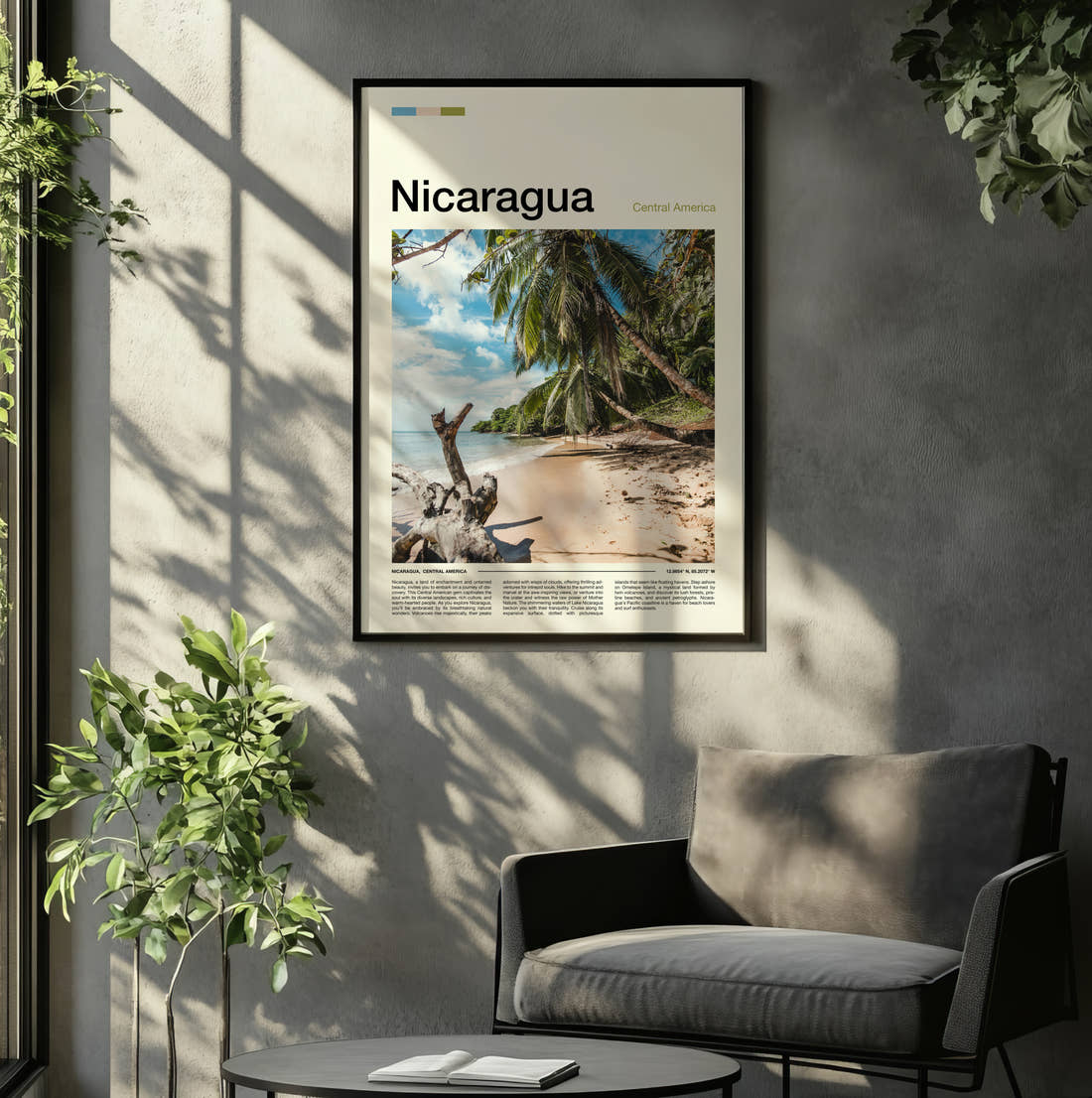 Nicaragua Palm Trees On The Beach Travel Print framed on the wall of a relaxed living room