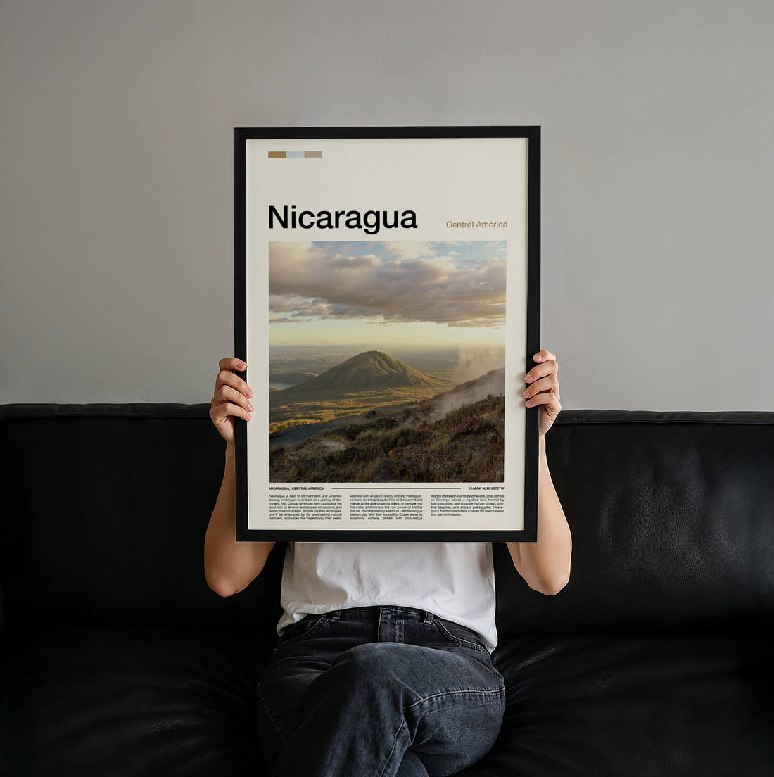 Nicaragua Volcanic Cone Travel Print held up by hand to show the size of the print