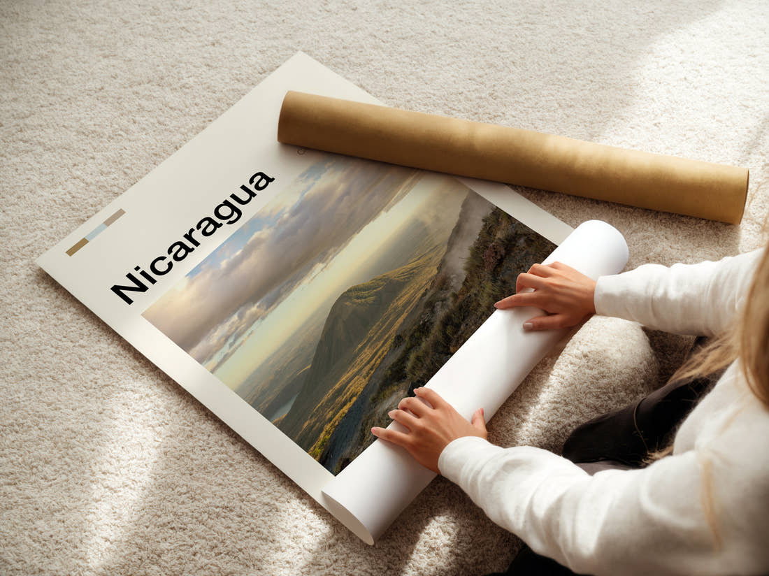 Nicaragua Volcanic Cone Travel Print being unrolled from its postal tube