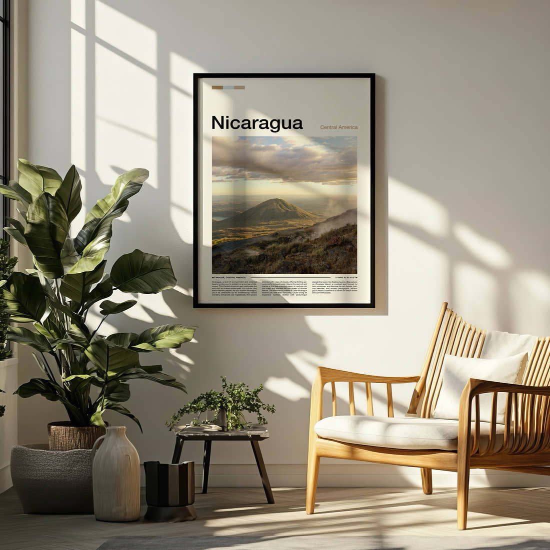 Nicaragua Volcanic Cone Travel Print framed on a pale wall beside houseplants