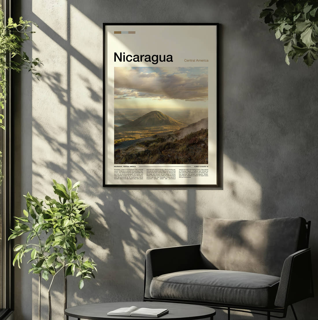 Nicaragua Volcanic Cone Travel Print framed on the wall of a relaxed living room