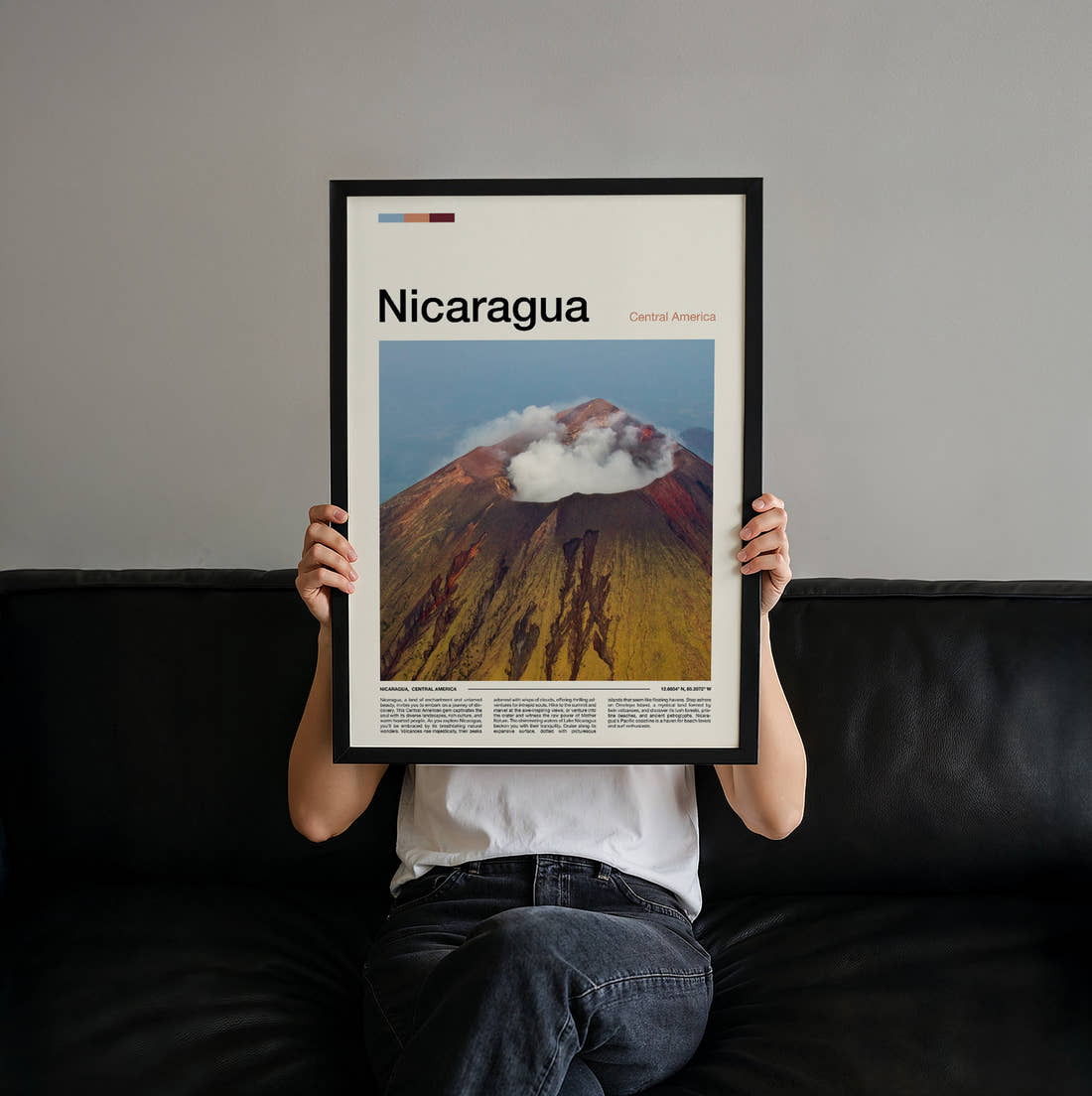 Nicaragua Steaming Volcano Crater Travel Print held up by hand to show the size of the print