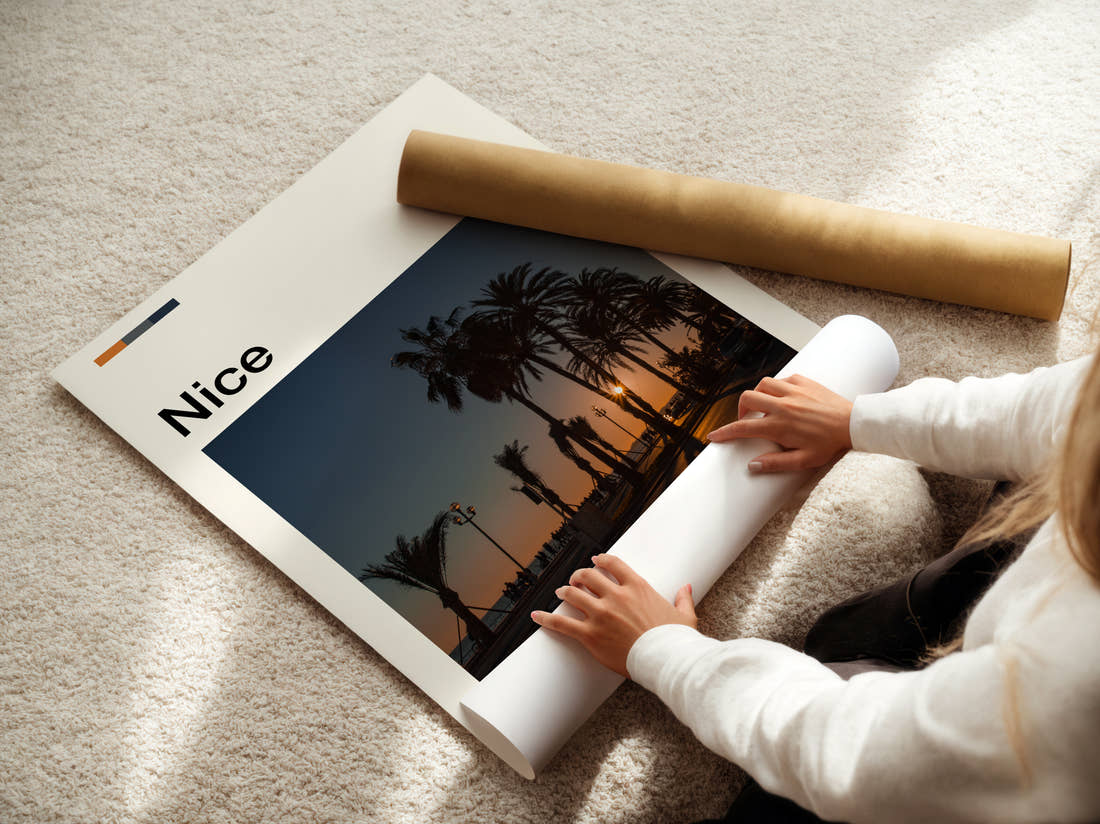 Nice Palm Trees At Sunset Travel Print being unrolled from its postal tube