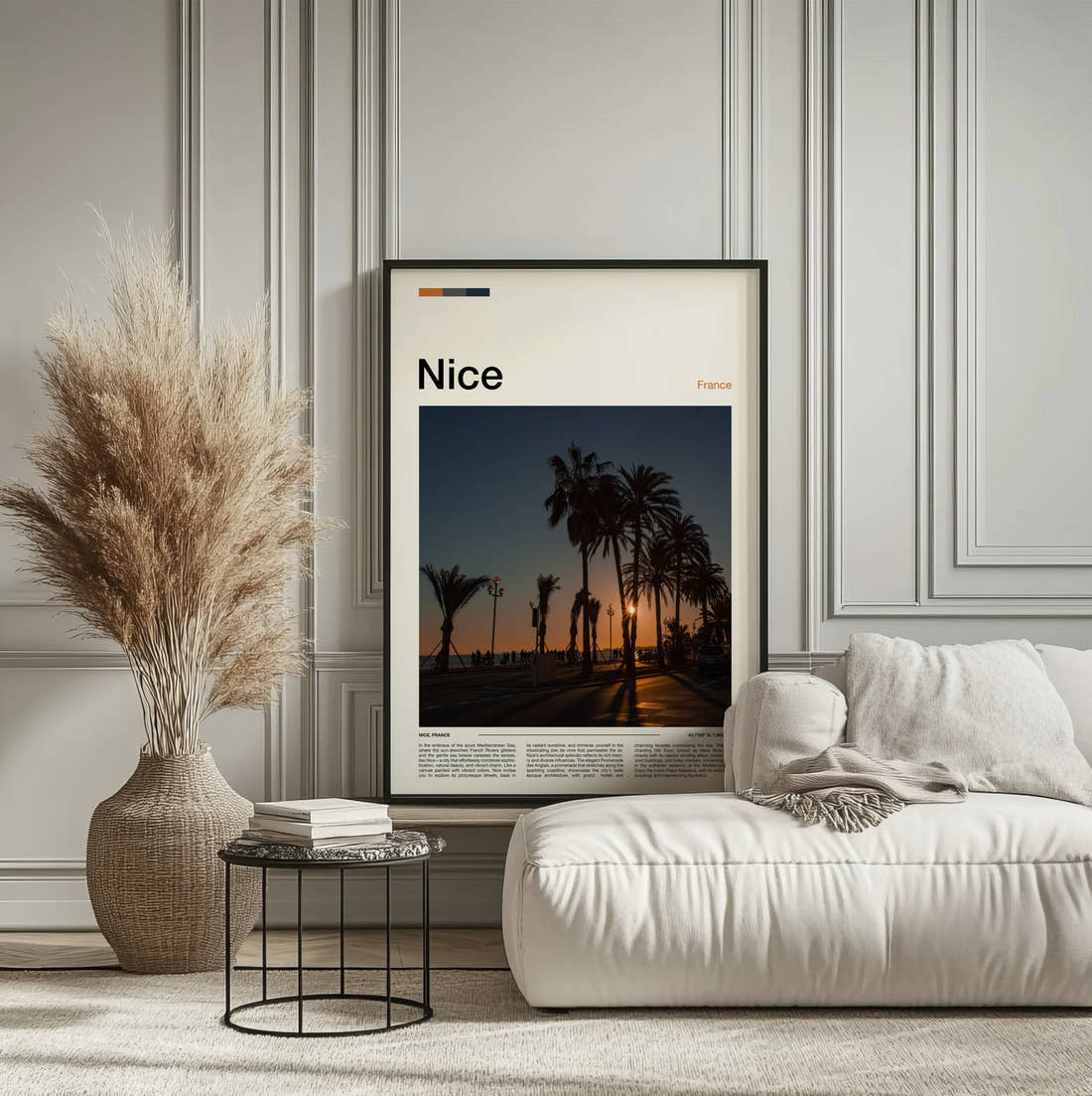 Nice Palm Trees At Sunset Travel Print framed on the wall of a calm, neutral bedroom