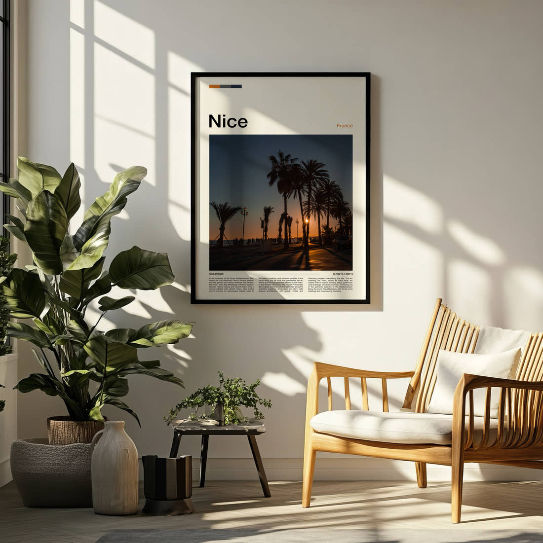 Nice Palm Trees At Sunset Travel Print framed on a pale wall beside houseplants