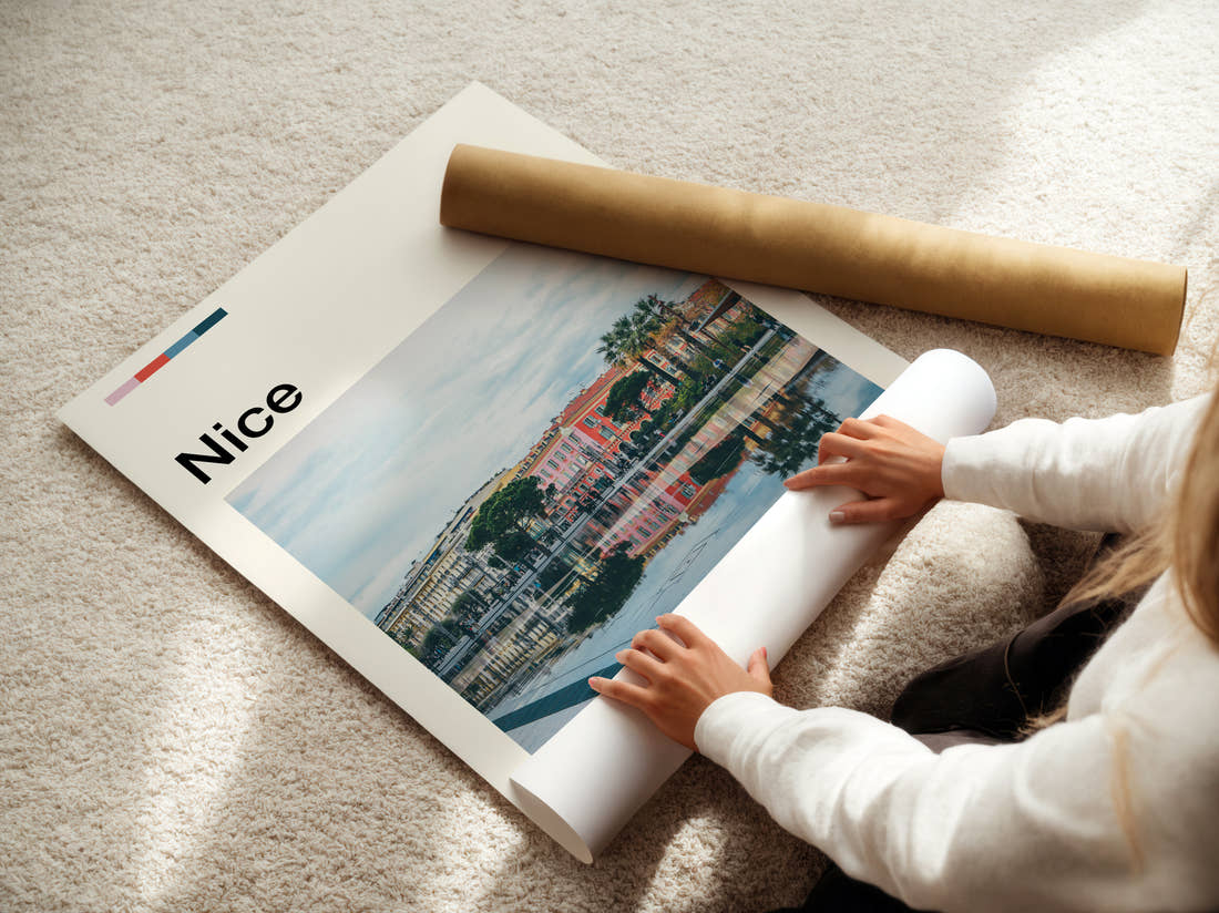 Nice Buildings Reflected In Water Travel Print being unrolled from its postal tube