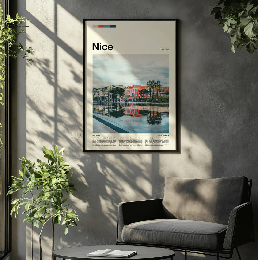 Nice Buildings Reflected In Water Travel Print framed on the wall of a relaxed living room