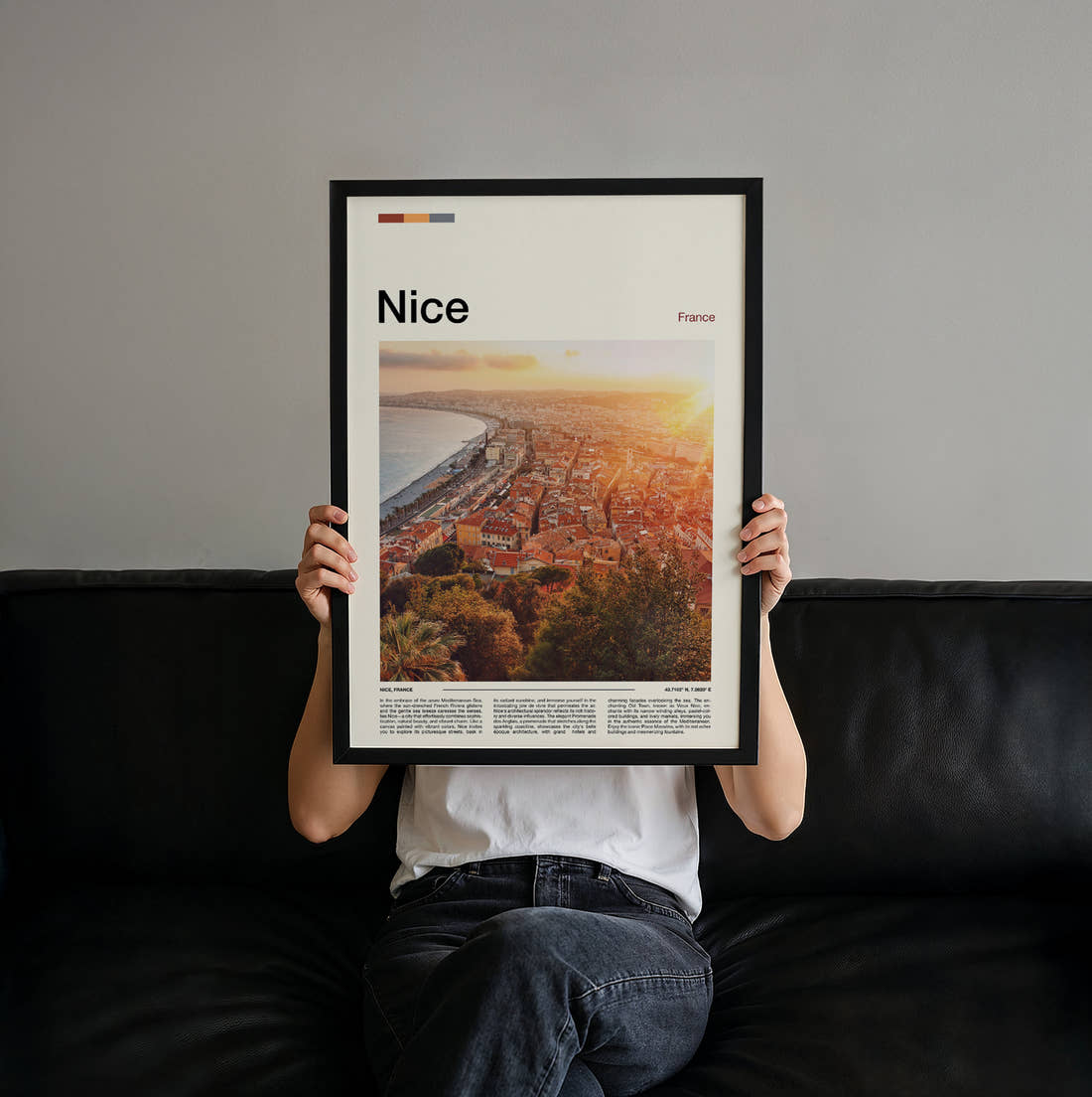 Nice Rooftops Above The Bay Travel Print held up by hand to show the size of the print