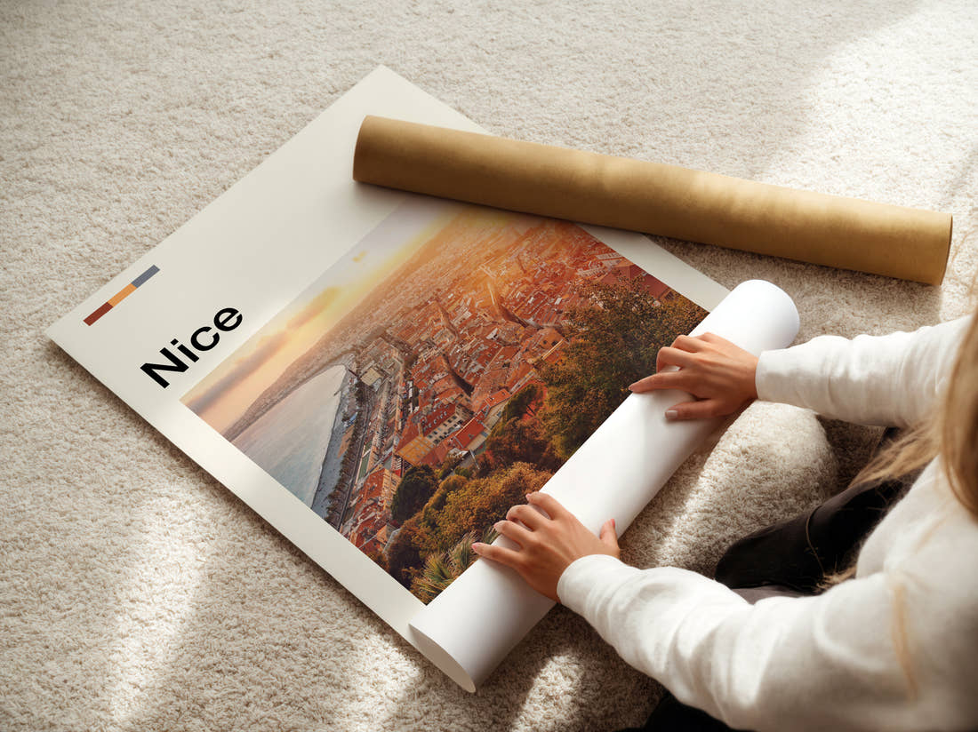 Nice Rooftops Above The Bay Travel Print being unrolled from its postal tube