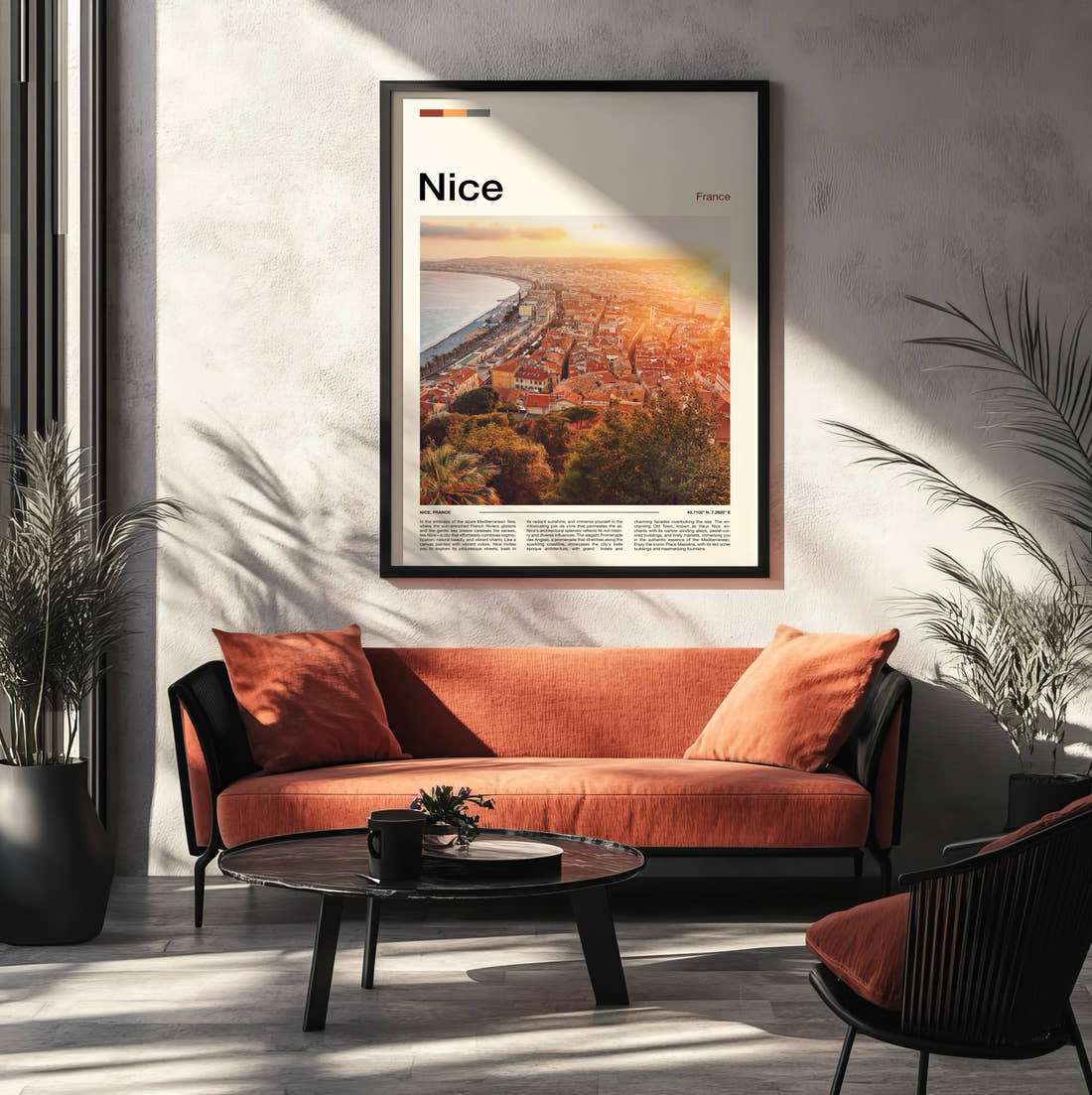 Nice Rooftops Above The Bay Travel Print framed on the wall of a modern living room