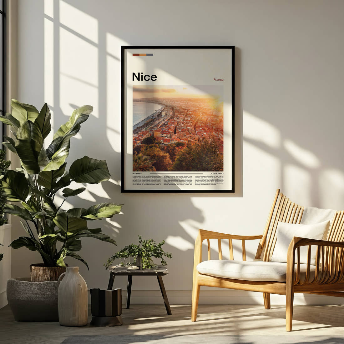 Nice Rooftops Above The Bay Travel Print framed on a pale wall beside houseplants