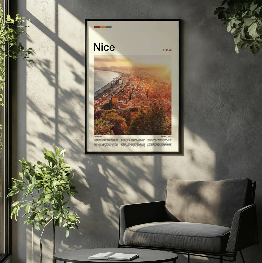 Nice Rooftops Above The Bay Travel Print framed on the wall of a relaxed living room
