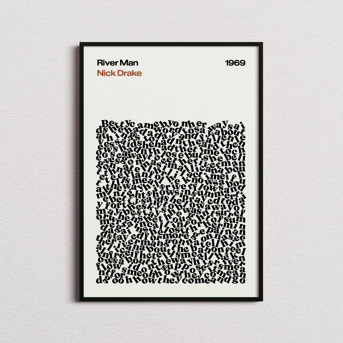 Nick Drake River Man Lyric Print in the cream colourway, framed