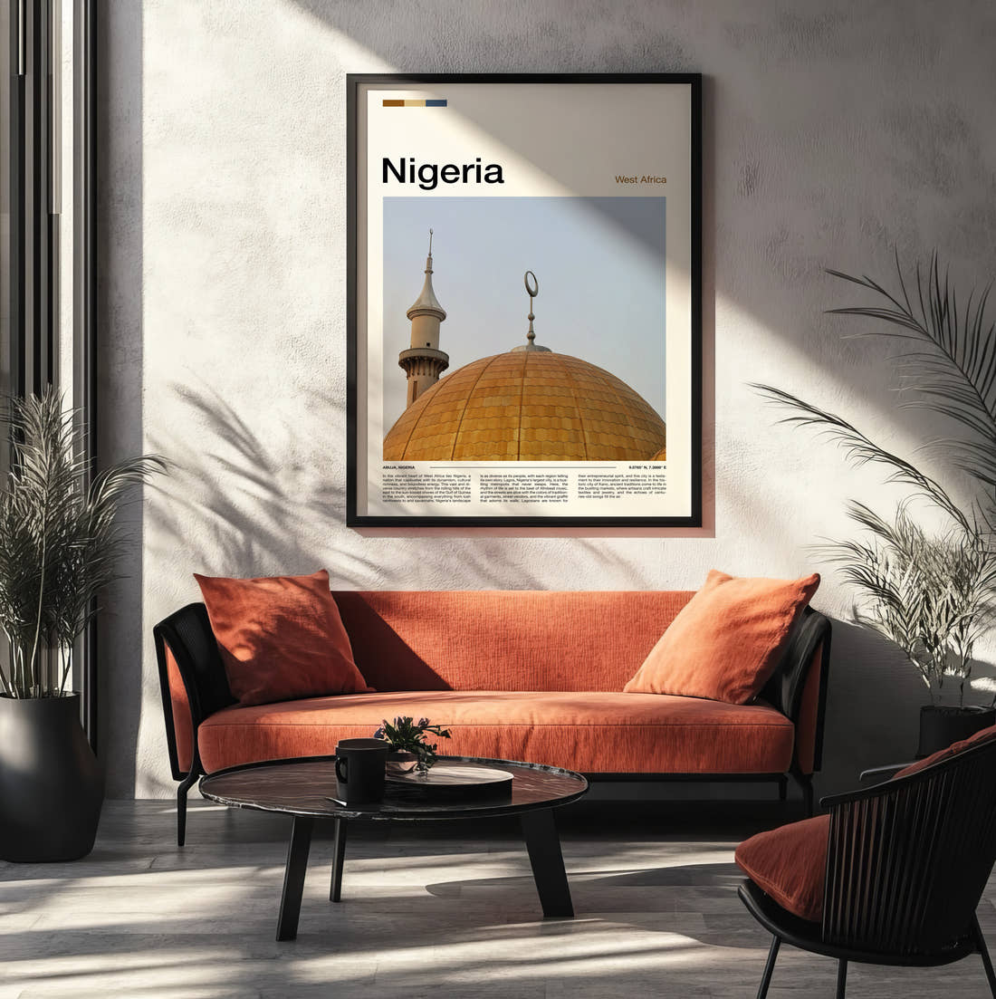 Nigeria Golden Dome Travel Print framed on the wall of a modern living room