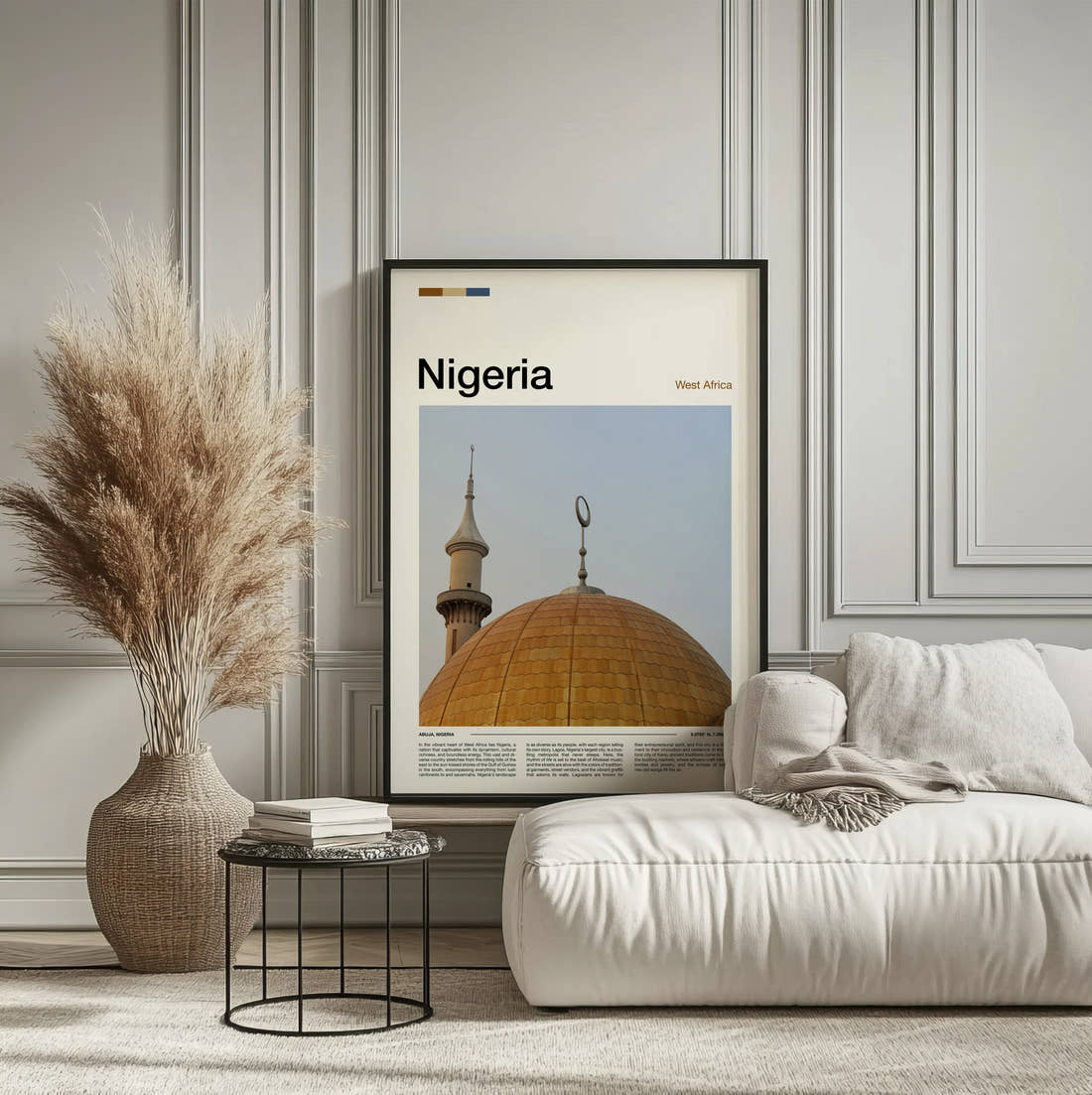 Nigeria Golden Dome Travel Print framed on the wall of a calm, neutral bedroom