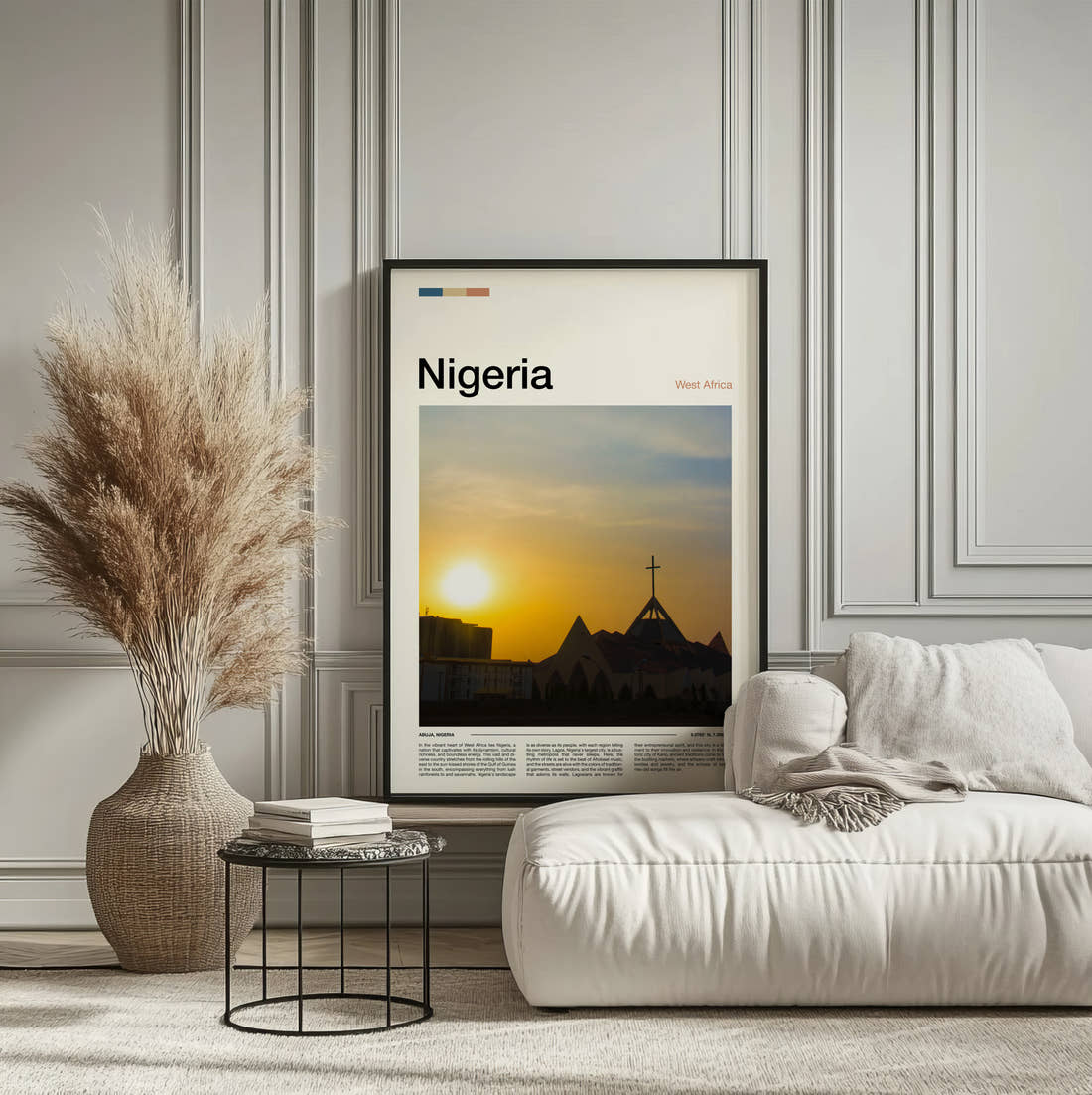 Nigeria Church Silhouette At Sunset Travel Print framed on the wall of a calm, neutral bedroom