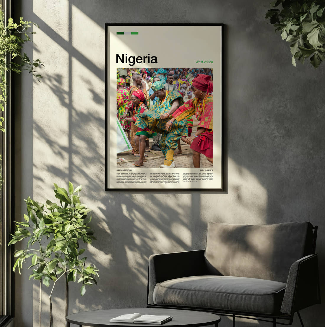 Nigeria Dancers In Colourful Dress Travel Print framed on the wall of a relaxed living room