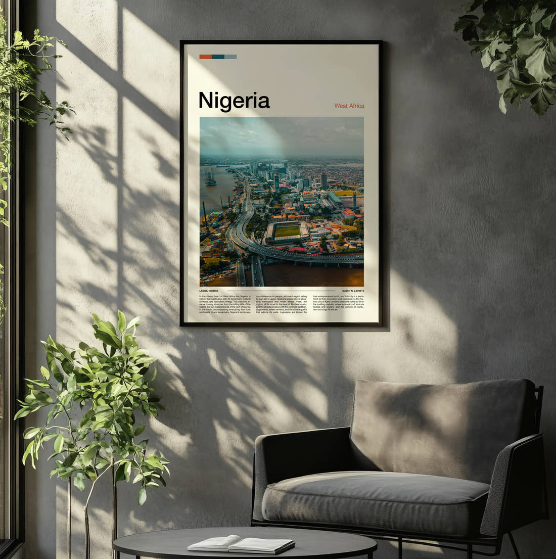 Nigeria City Skyline From Above Travel Print framed on the wall of a relaxed living room