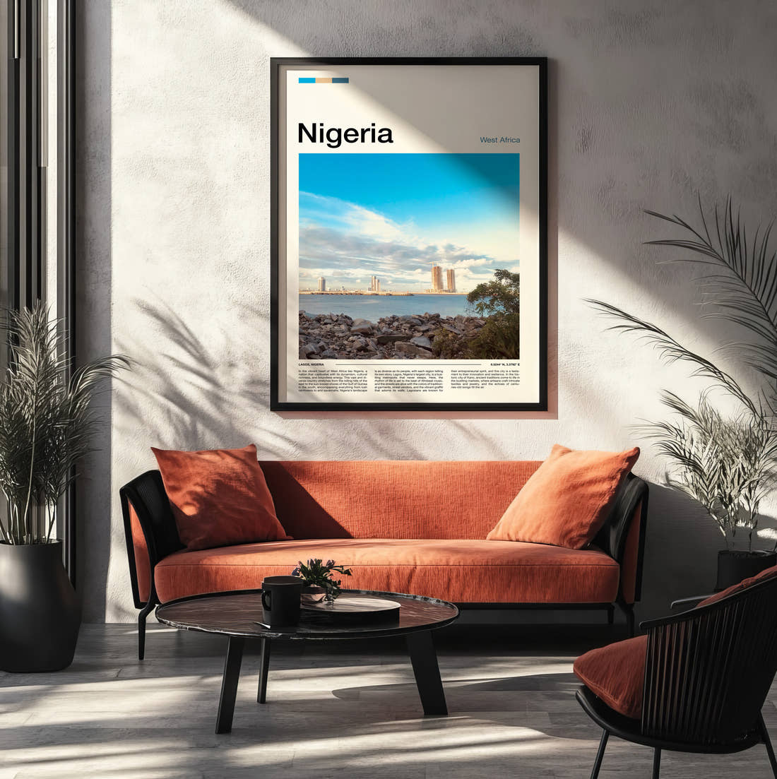 Nigeria Rocky Shoreline And Skyline Travel Print framed on the wall of a modern living room
