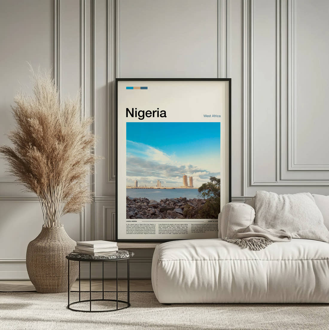 Nigeria Rocky Shoreline And Skyline Travel Print framed on the wall of a calm, neutral bedroom