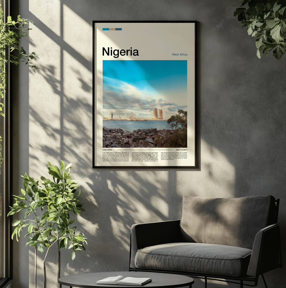 Nigeria Rocky Shoreline And Skyline Travel Print framed on the wall of a relaxed living room