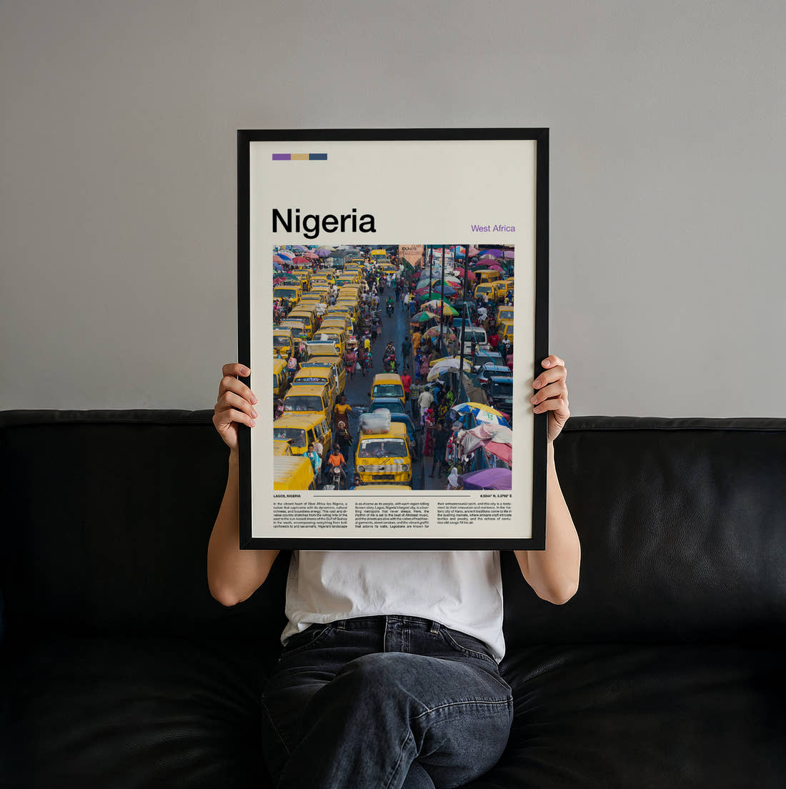 Nigeria Yellow Buses In Traffic Travel Print held up by hand to show the size of the print