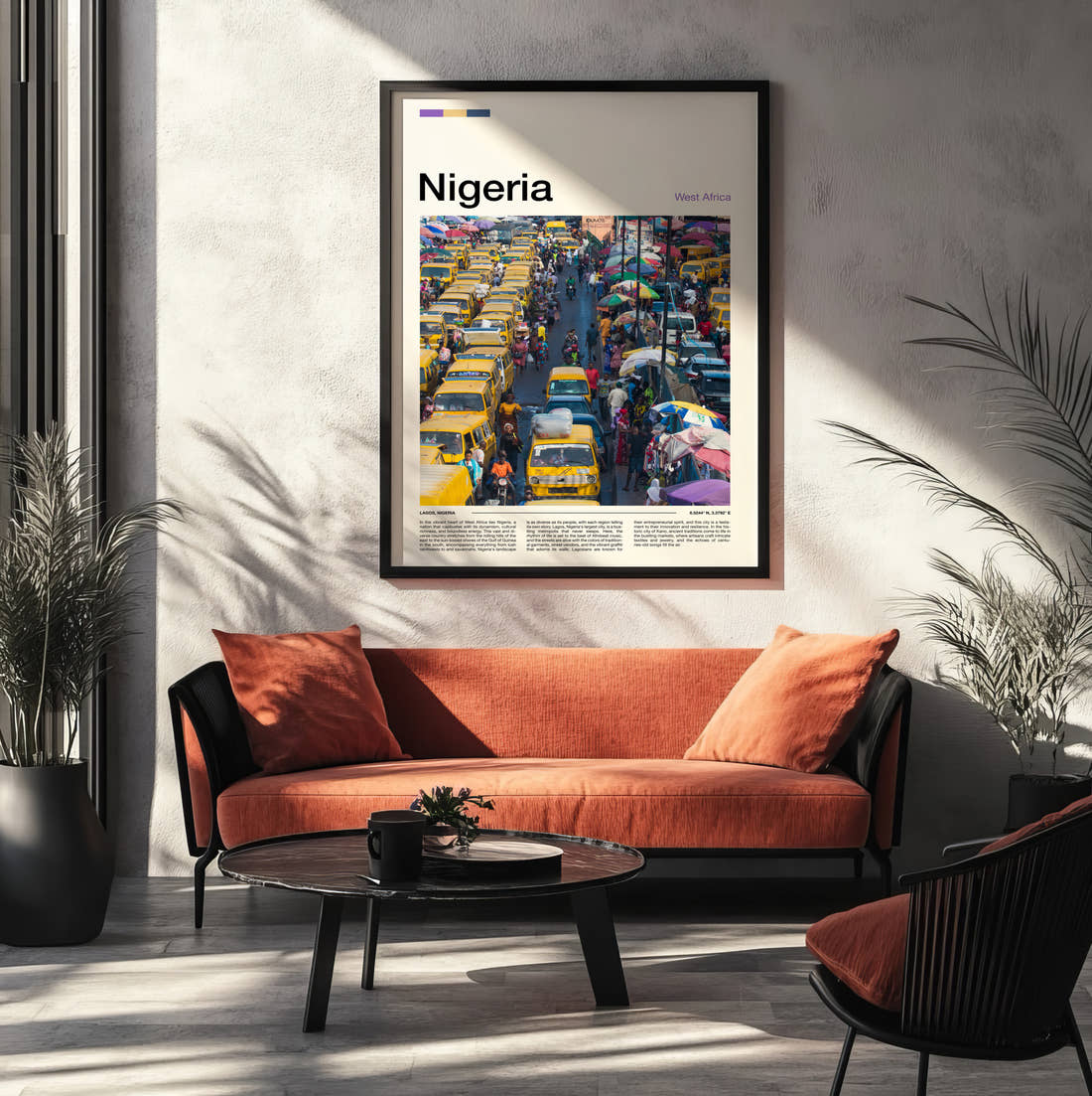 Nigeria Yellow Buses In Traffic Travel Print framed on the wall of a modern living room
