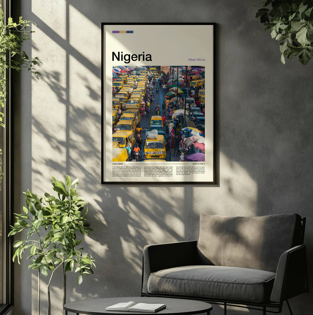 Nigeria Yellow Buses In Traffic Travel Print framed on the wall of a relaxed living room
