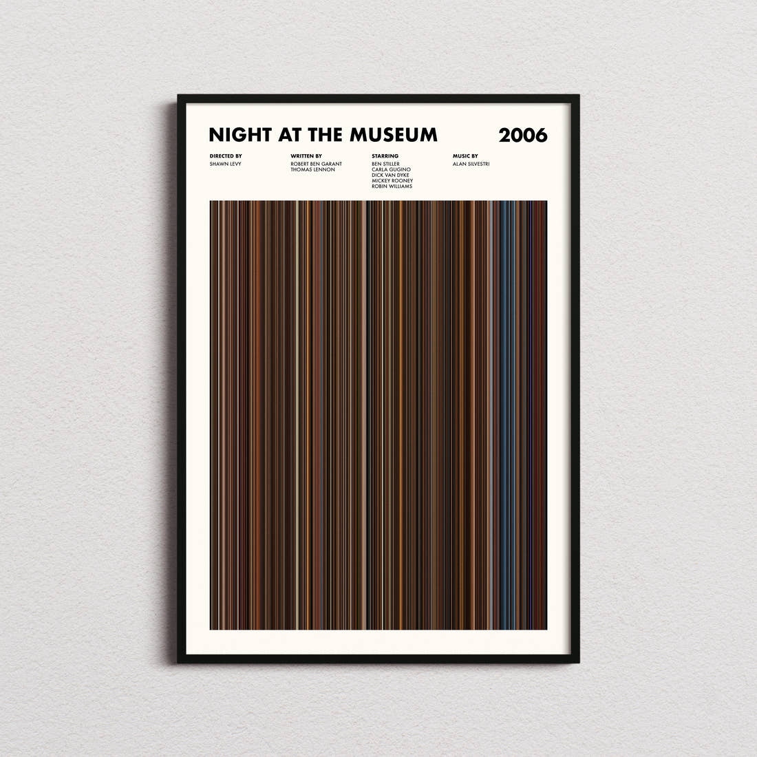 Night at the Museum Movie Barcode Poster framed on a plain studio wall