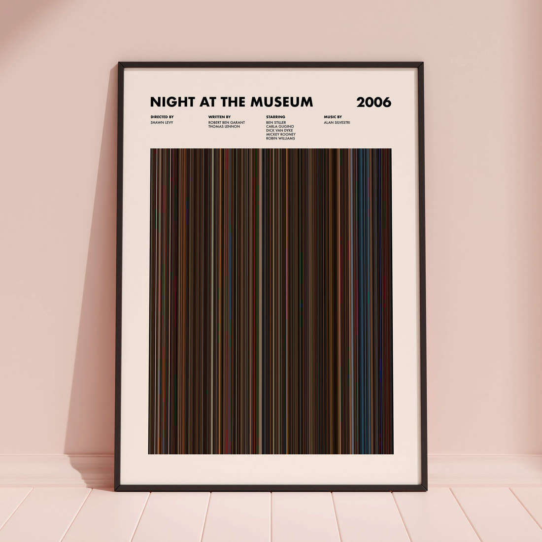 Night at the Museum Movie Barcode Poster framed and leaning against a coloured wall