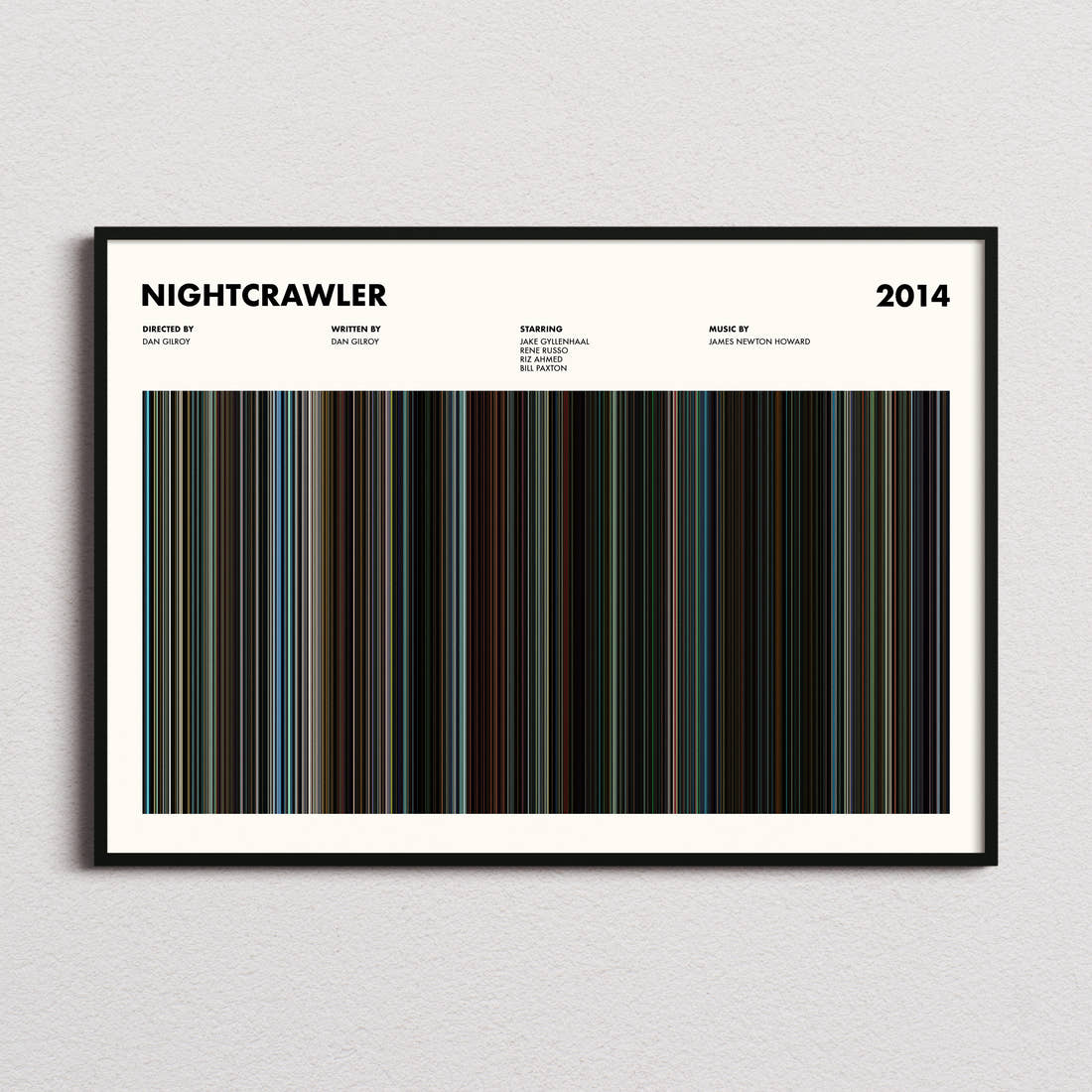 Nightcrawler Movie Barcode Poster framed and photographed straight on
