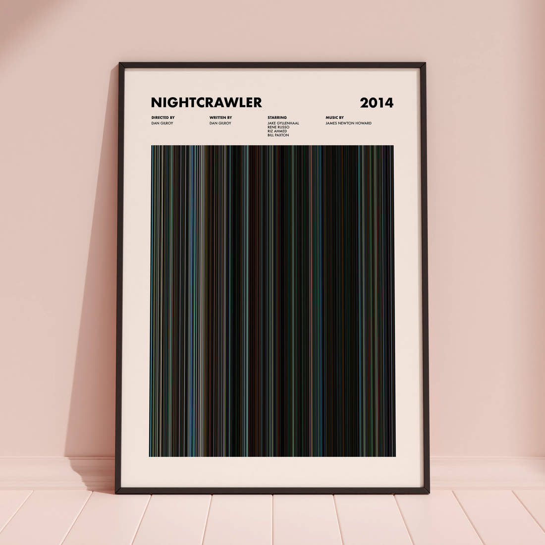 Nightcrawler Movie Barcode Poster framed and leaning against a coloured wall