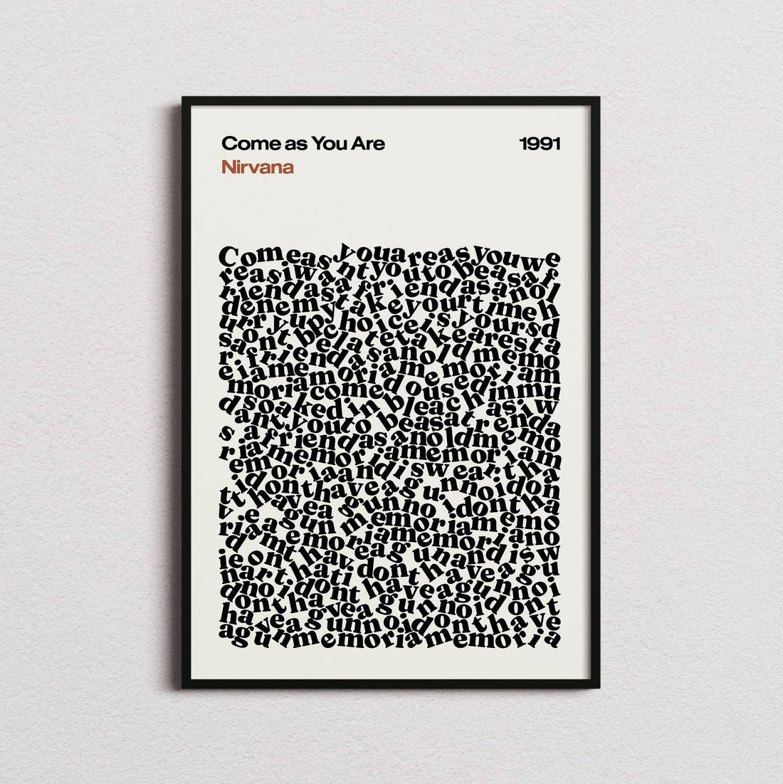 Nirvana Come as You Are Lyric Print in the cream colourway, framed