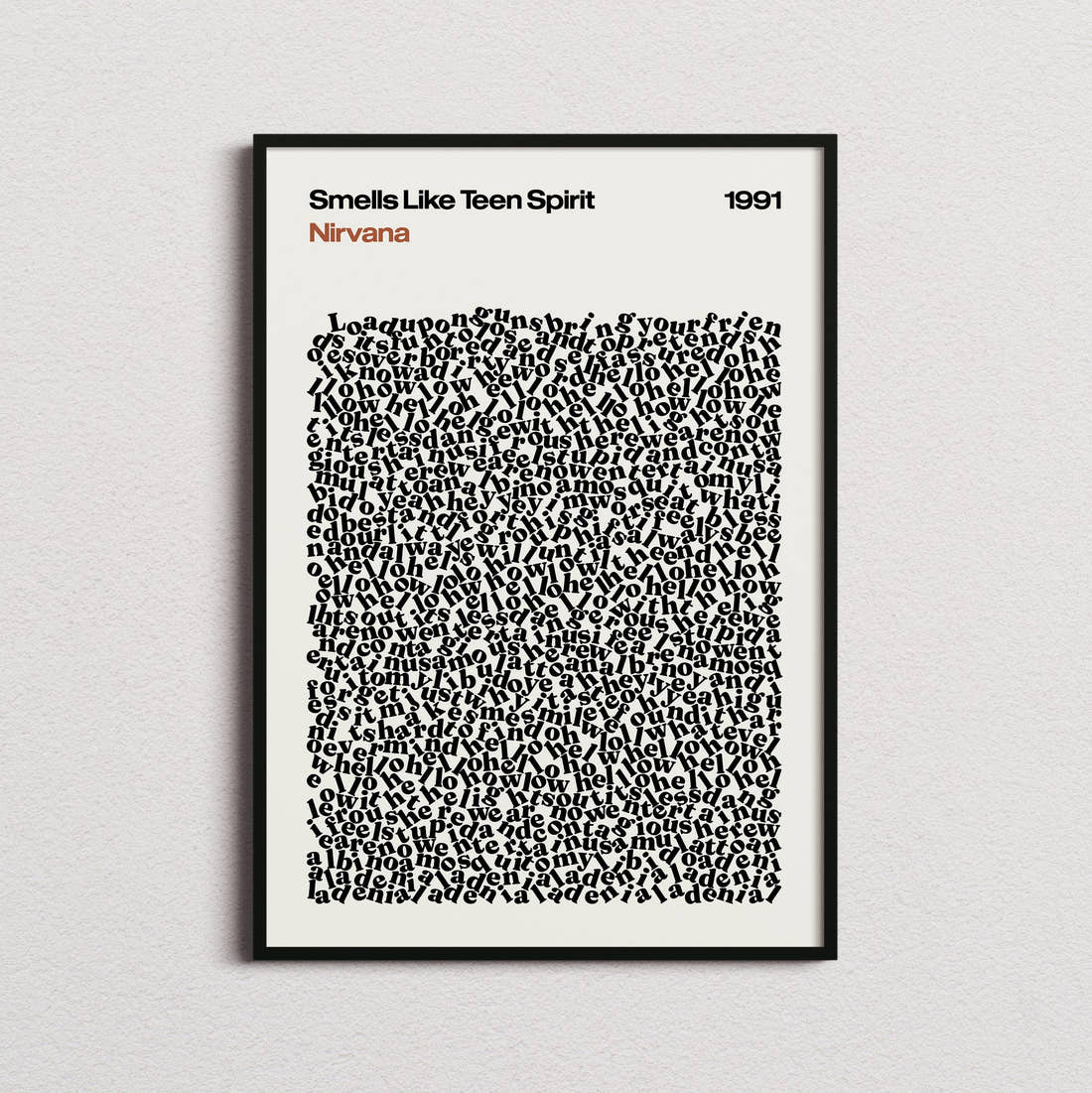 Nirvana Smells Like Teen Spirit Lyric Print in the cream colourway, framed
