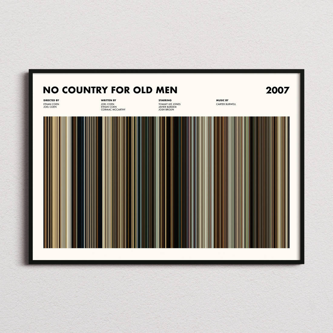 No Country For Old Men Movie Barcode Poster framed and photographed straight on