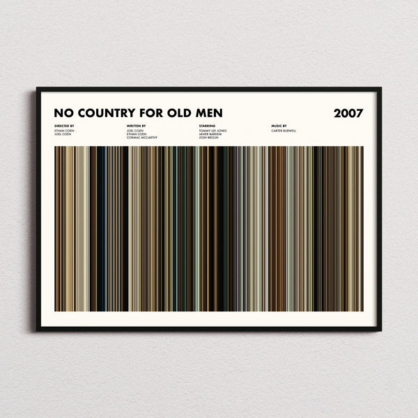 No Country For Old Men Movie Barcode Poster framed and photographed straight on