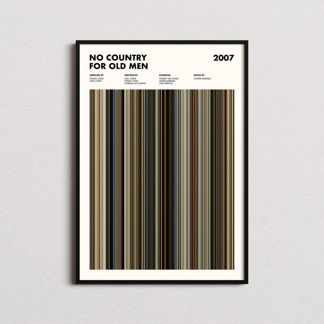 No Country For Old Men Movie Barcode Poster framed on a plain studio wall