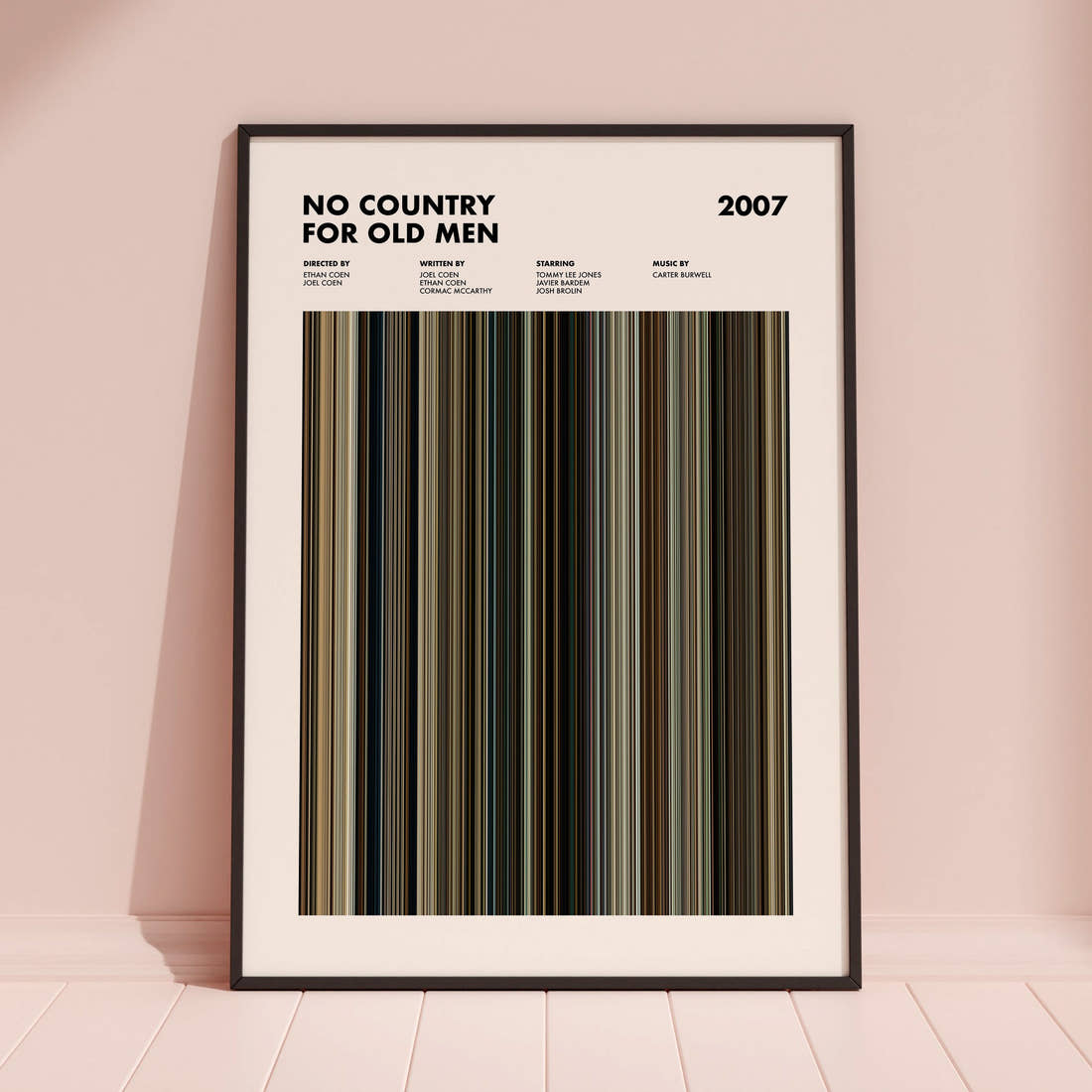 No Country For Old Men Movie Barcode Poster framed and leaning against a coloured wall