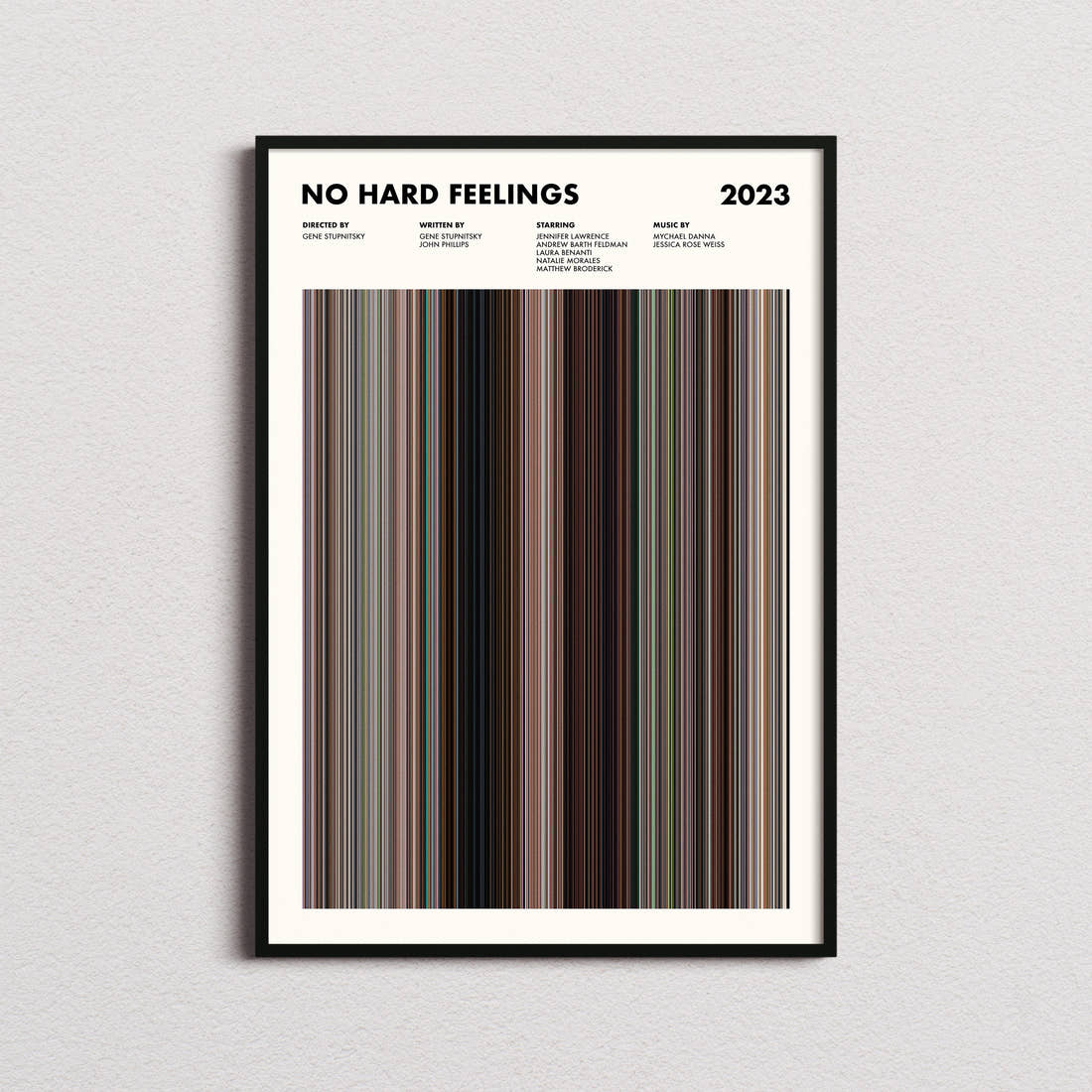 No Hard Feelings Movie Barcode Poster framed on a plain studio wall