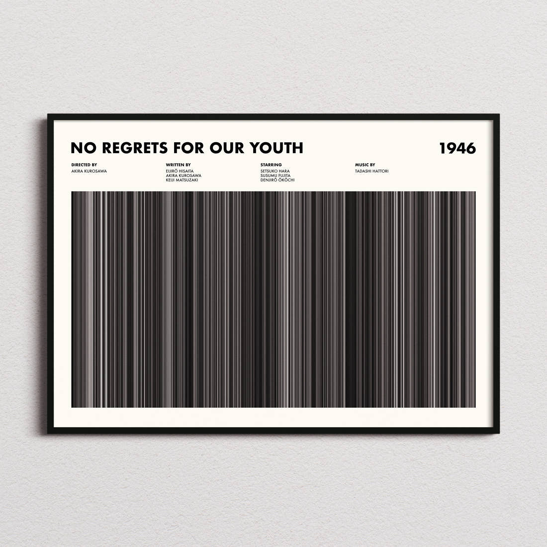 No Regrets For Our Youth Movie Barcode Poster framed and photographed straight on