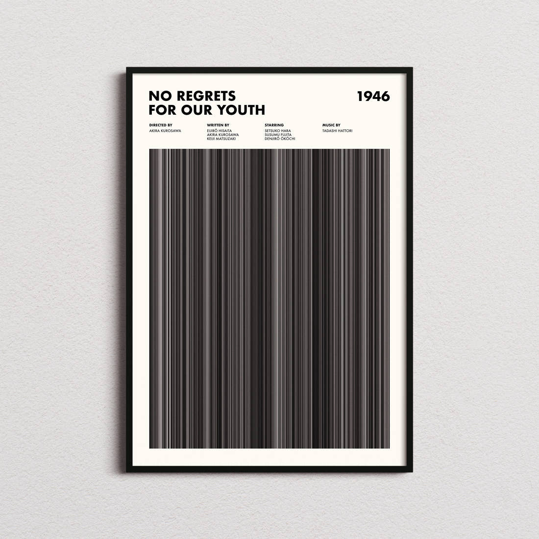 No Regrets For Our Youth Movie Barcode Poster framed on a plain studio wall
