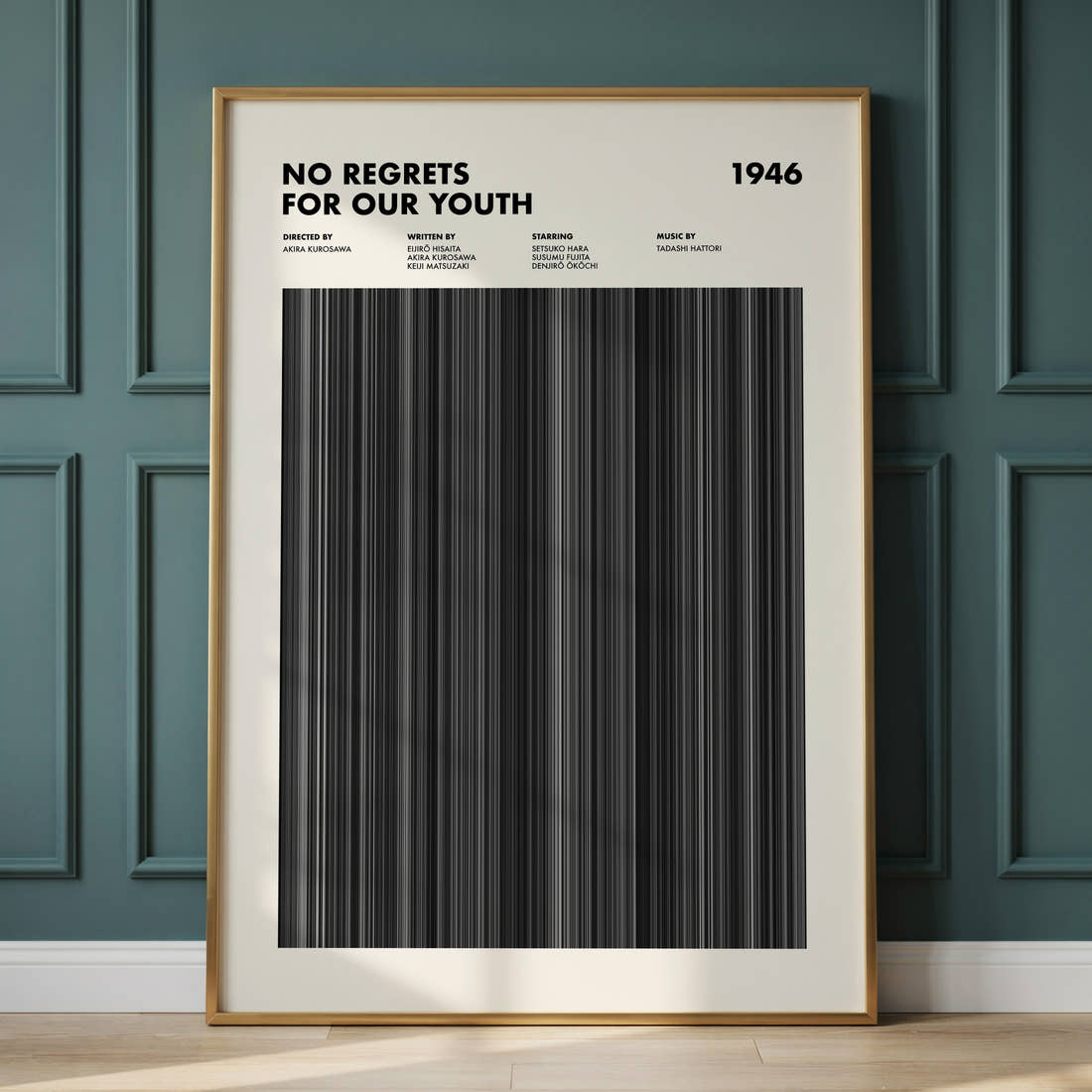 No Regrets For Our Youth Movie Barcode Poster framed and leaning against a panelled wall