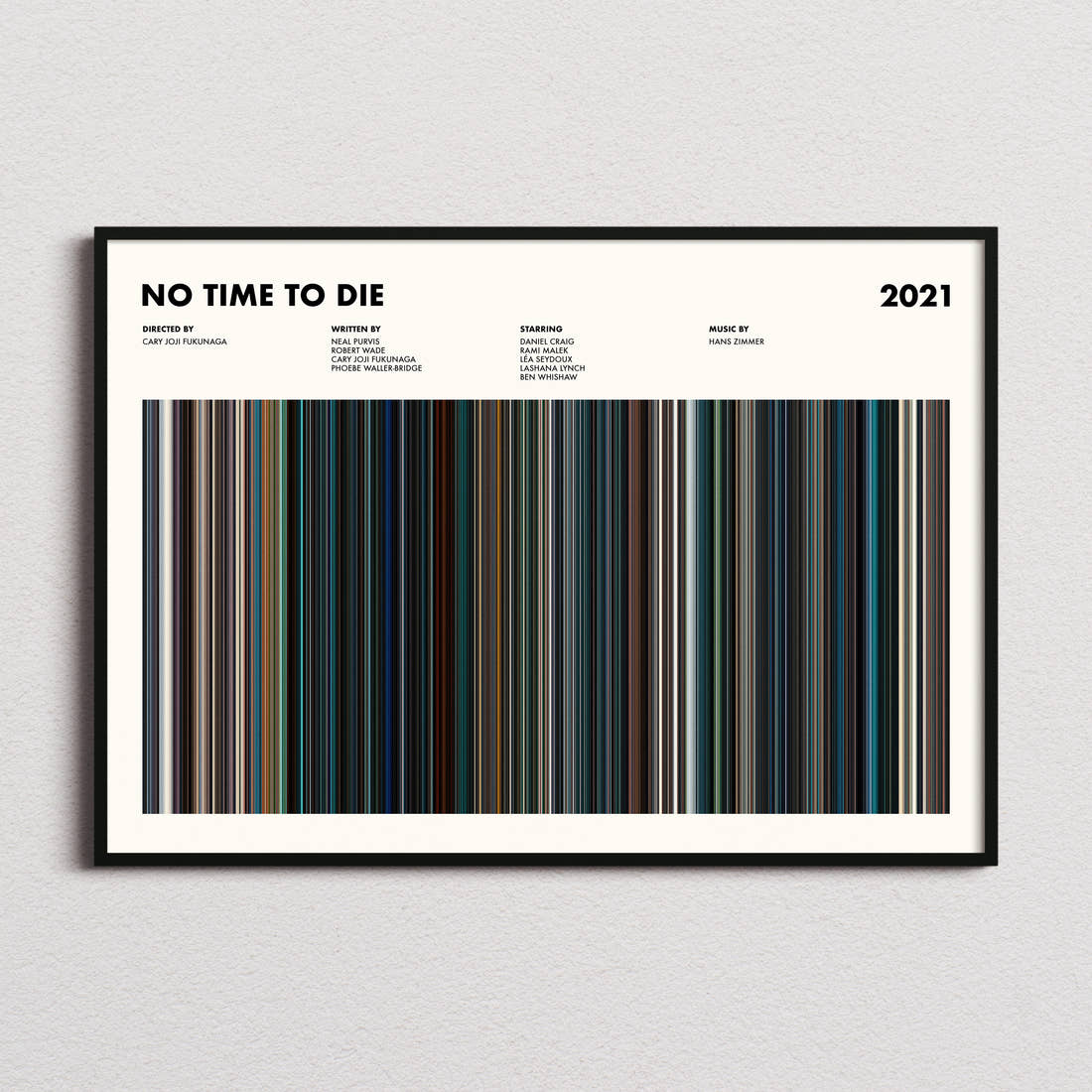 No Time to Die Movie Barcode Poster framed and photographed straight on